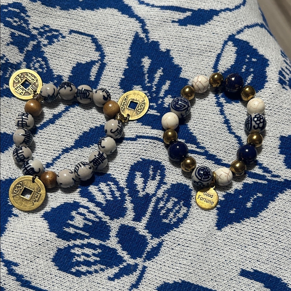Asian characters, Gold and Blue lapis Beaded Bracelet with Coin Charms